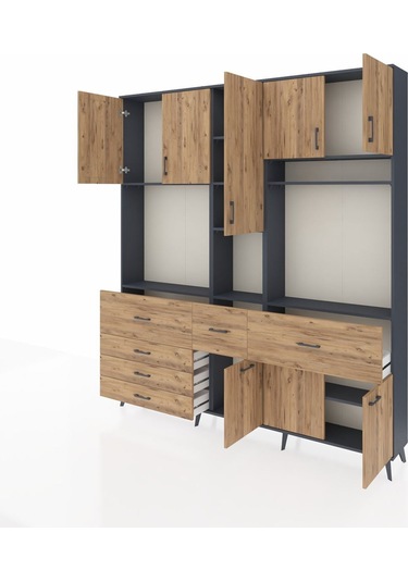 Arges Dolap 10 Raflı 6 Çekmeceli 8 Kapaklı 220x30x243 Antrasit-çam/çam Atlas Çam/atlas Çam