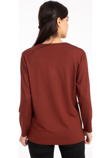 Kadın Orta Yaş ve Üzeri Dört Mevsim V Yaka Rahat Kalıp Likralı Viskoz Anne Penye Bluz 140-Taba