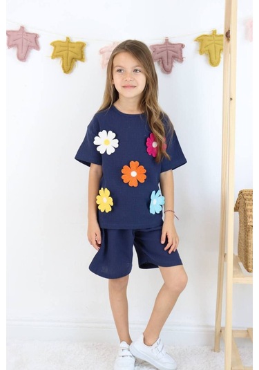 Örme Nakışlı Müslin Şort Takım Lacivert