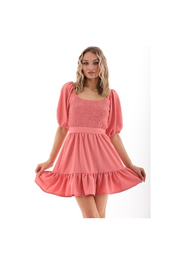 Kallima Fırfırlı Diz Üstü Balon Kol Pudra Aerobin Elbise - 90 Cm