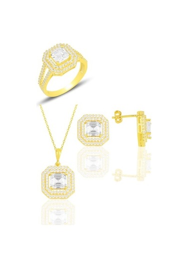 Gümüş Altın Yaldızlı Özel Tasarım Baget Kesim Zirkon Taşlı Üçlü S