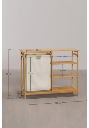 Digithome Bambu 3 Raflı 1 Bölmeli Kirli Sepetli Banyo Düzenleyici Çamaşır Sepeti Organizer Db-0008 Ahşap