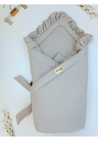 Ekru 4 Kat Müslin Bebek Battaniyesi %100 Pamuklu Doğal Organik Uyku Kundağı Hastane Çıkışı Yenidoğan Gri