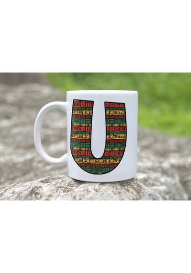 U Harfi Etnik Desenli Kupa - Afrika Tarzı Kahve Çay Kupası - Hediyelik - Black History Beyaz