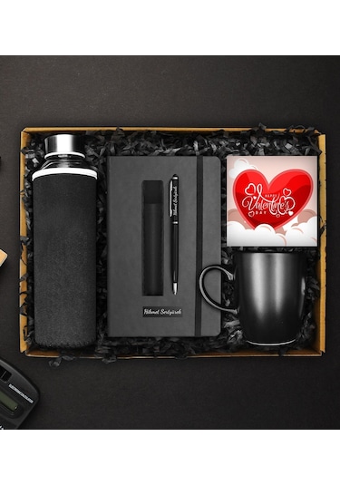 Sevgililer Gününe Özel Kılıflı Cam Matara & Kişiye Özel Defter & Kalem & Kupa & Sevgililer Günü Kartı Hediye Seti