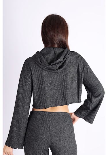 Soft&Basic Kadın Eşofman Takımı Kapüşonlu Sweatshirt Ve Geniş Paça Antrasit Pantolon Eşofman Gri