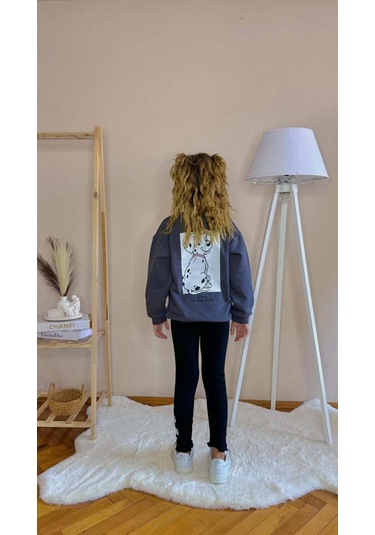 Kız Çocuk Bisiklet Yaka Pamuk Taytlı Eşofman Takımı Füme