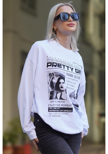 Madmext Beyaz Baskılı Oversize Kadın Sweatshirt Mg1923 Beyaz