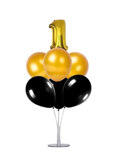 1 Yaş Rakam Folyo Balon Altın Gold 40 CM Balon Stand. 6 Adet Bal