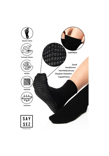Bambu Kaydırmaz Taban Silikonlu Hac Umre Tavaf Hamile Diyabet Pilates Yoga Lastiksiz Siyah Çorap Renkli