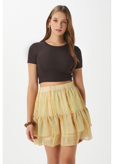 Kadın Juliet Sarı Çiçek Desen Astarlı Volanlı Mini Şifon Dokuma Etek