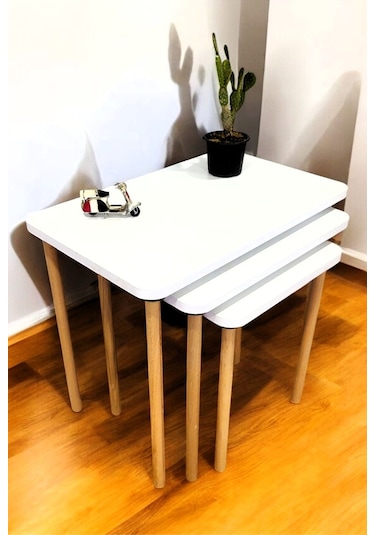 Doğal Ahşap Ayaklı 3'lü Zigon Sehpa Seti Beyaz