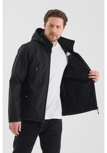 Çıkartılabilen Fermuarlı Kapüşon Cepli İçi Polarlı Su Geçirmez Softshell Erkek Mont Siyah Siyah