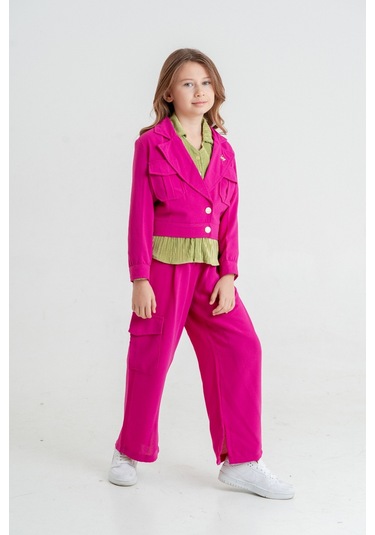 Kız Çocuk Crop Ceketli Üçlü Takım 4407 Fuşya