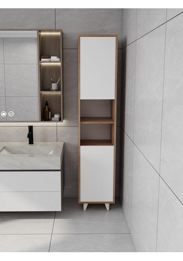 Riva Çamaşır Sepetli Banyo Dolabı Marbellakiraz Renk Meşe - Beyaz