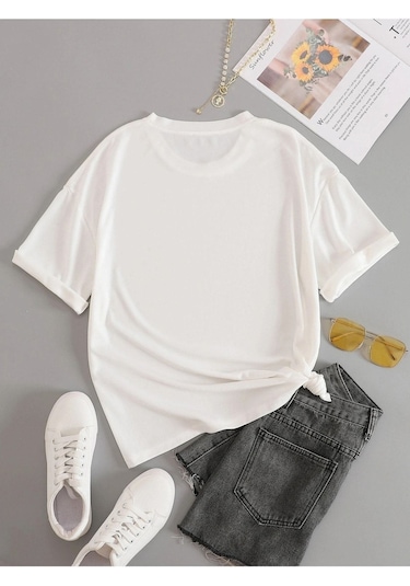 Beyaz Oversize Holiday Baskılı Örme T-shirt Beyaz