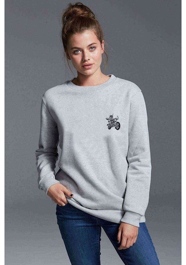 Siyah Motorsiklet Kuru Kafa Göğüs Baskılı Gri Kadın Sweatshirt