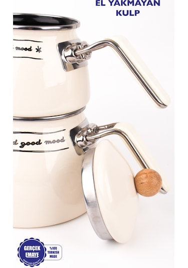 Mood Emaye Çaydanlık Takımı Ahşap Tepeli Krem