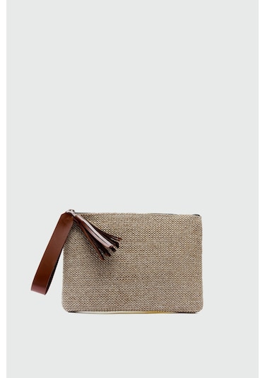 Shule Bags Juno Püskül Detaylı Hasır Clutch Çanta Taba Taba