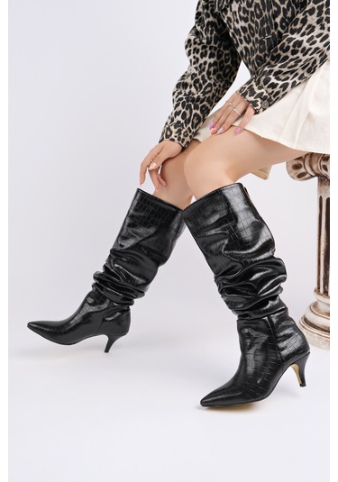 Muggo Rumba Sivri Burun Kırışık Kroko Desenli İnce Topuklu Kadın Çizme siyah