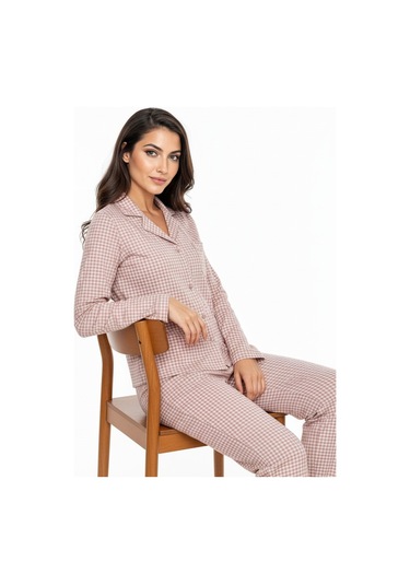 Luxury Soft Pudra Kareli Uzun Kollu Kadın Pijama Takımı 3049 Pudra
