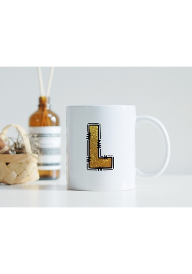 L Harfi Gold Simli Kupa Işıltılı Alfabe Harf Tasarımlı Kahve Kupası - Kişiye Özel Hediye Beyaz