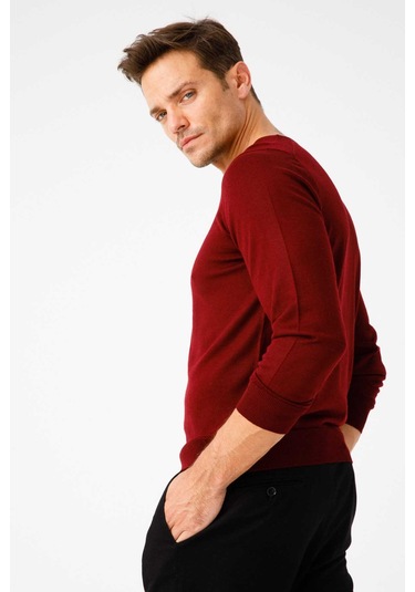 Desen Triko Erkek Basic V Yaka İnce Triko Kazak 02421602 Bordo Bordo