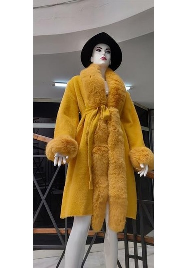Pula Yakası Kolları Komple Kürklü Uzun Angora Kaban 110 Cm Sarı