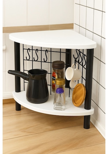 Mutluluk Köşesi Tezgah Üstü Raf Mini Kahve Köşesi Ve Baharatlık 6 Kancalı Organizer Beyaz Mutluluk Köşesi Tezgah Üstü Raf Mini Kahve Köşesi Ve Baharatlık 6 Kancalı Organizer Beyaz