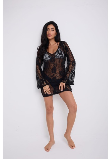 Kolları Volanlı Elbise Siyah