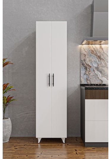 Ae-3085 Selen Çok Amaçlı Beyaz Dolap 7 Raflı, 2 Kapaklı Mutfak