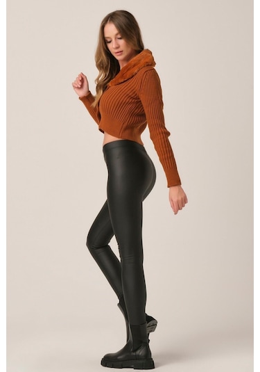 Deri Görünümlü Ince Parlak Tayt SiYAH