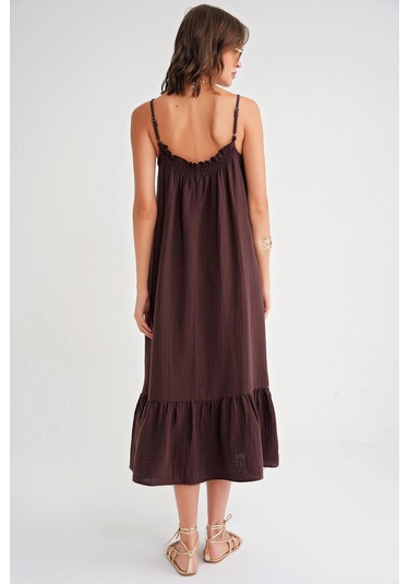 4740 Kadın Askılı Müslin Midi Elbise Kahve Kahve