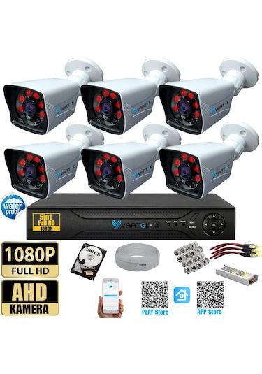 6 Kameralı 500 Gb Hdd 5mp Lensli 1080p Fullhd Kamera Seti - Su Gecirmez- Sabit İp Gerektirmez
