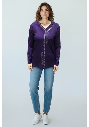 Kadın Önü Kapalı Düğme Detaylı Taşlı Nergis Mevsimlik Bluz Mor