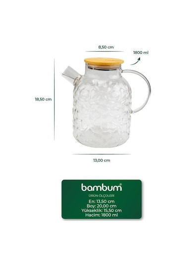 Bambum Juliet - Bambu Kapaklı Cam Demlik 1800ml Şeffaf