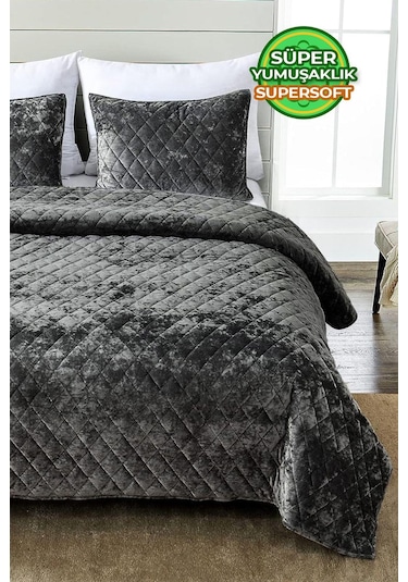 Evlen Home Kapitone Kadife Yatak Örtüsü Seti Tek Kişilik Supersoft 2 Parça Yumuşak Elyaf Dolgulu Antrasit Bej