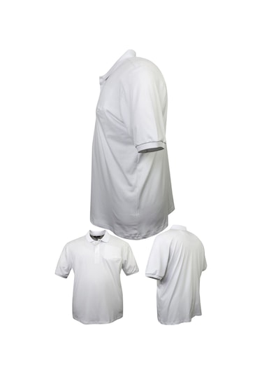 Erkek Büyük Beden 115 - 155 Kilo Arası Uygun Bedenli Likralı Pike Polo Yaka Cepli Tişört Beyaz