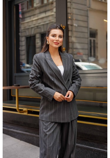 4 Düğmeli Kruvaze Geniş Çizgili Takım Antrasit Antrasit