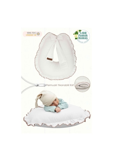 Mordesign Fırfırlı Emzirme Yastığı, Bebek Destek Minderi, Hamile Yastığı, Pamuk Kumaş, Ruffle Seri, Beyaz Zg10197