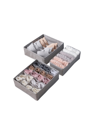 Ruicoo 3'lü Katlanabilir Çamaşır Organizer Seti - Sutyen, Çorap, Atkı Düzenleyici Gri