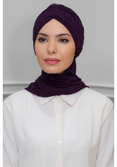 Mürdüm Pratik Hazır Geçmeli Tesettür Bone Sandy Kumaş Taçlı Büzgü (545490967) Mürdüm