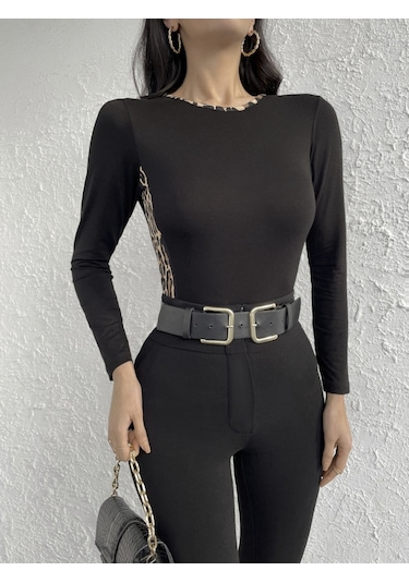 Kadın Uzun Kollu Leopar Şeritli Viskon Bluz Siyah