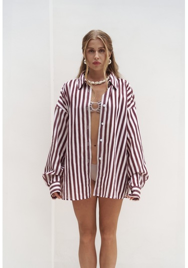 Rosy Transparan Çizgili Bordo Oversize Gömlek bordo