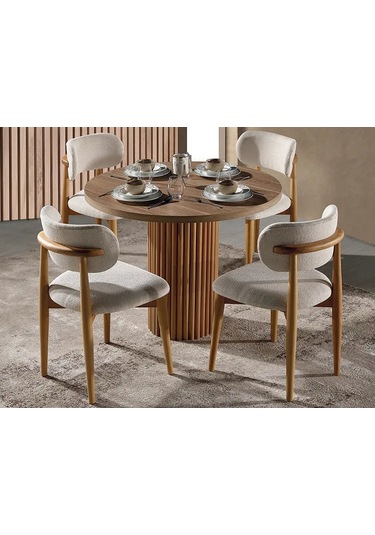 Boho İskandinav Natural Ahşap Masa Sandalye Takımı 90x90 Ceviz