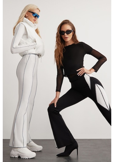 Fatima Kadın Beyaz Dikiş Detaylı Wide Leg Beyaz Pantolon