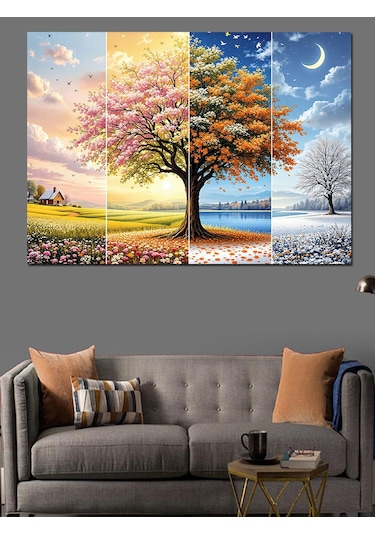 Dört Mevsim Ağaç Manzarası Dekoratif Kanvas - Mdf Ahşap Tablo