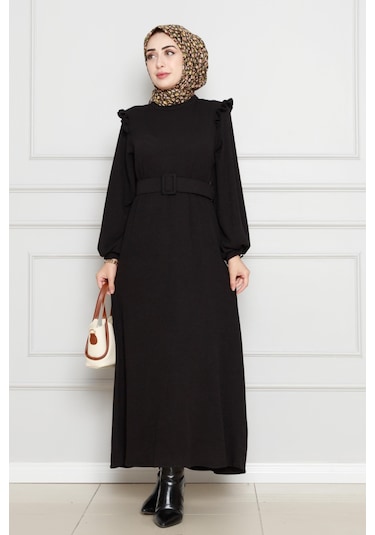 Omuzu Fırfır Kemerli Elbise-siyah-4557 Siyah