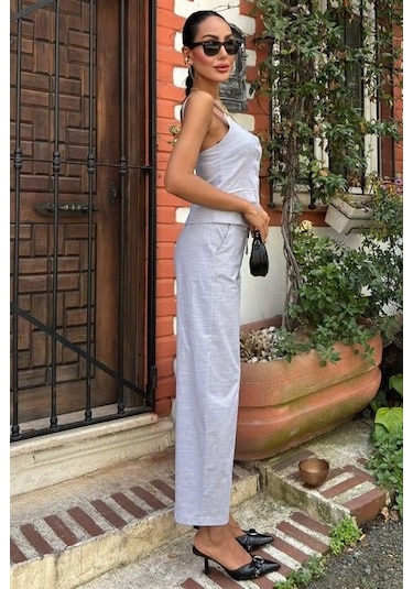 The İstanbul Kalın Askılı Bluz Pantolon Keten Takım 10187 Gri