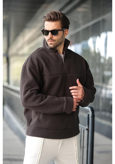 Madmext Füme Yarım Fermuarlı Dik Yaka Polar Sweatshirt E7165 Füme